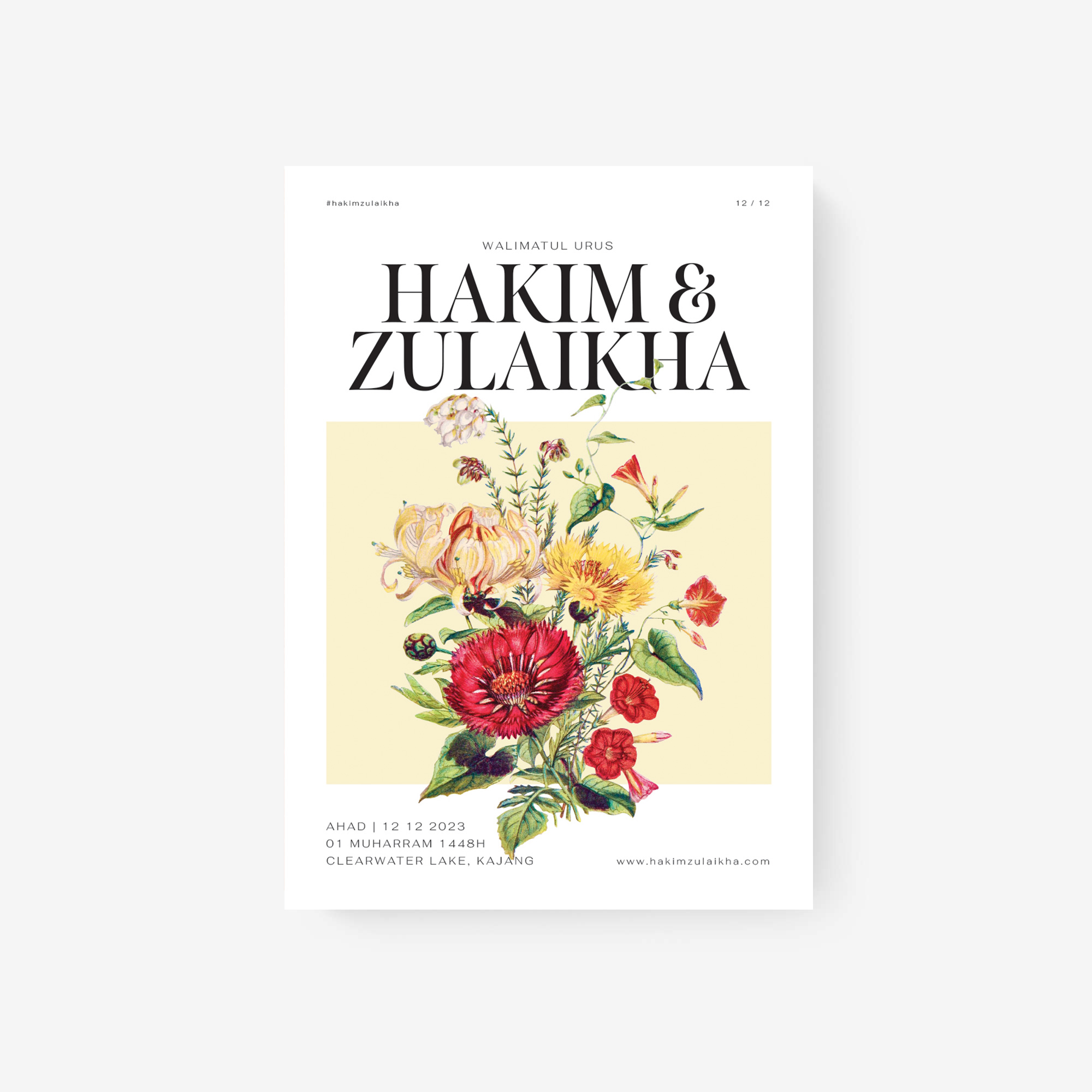 Floral wedding invitation featuring red, yellow, and white flowers.