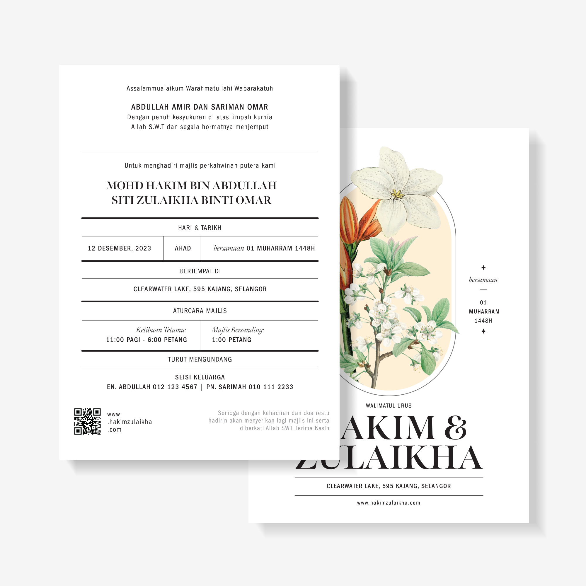 Wedding invitation with minimal floral artwork featuring orange and white flowers.