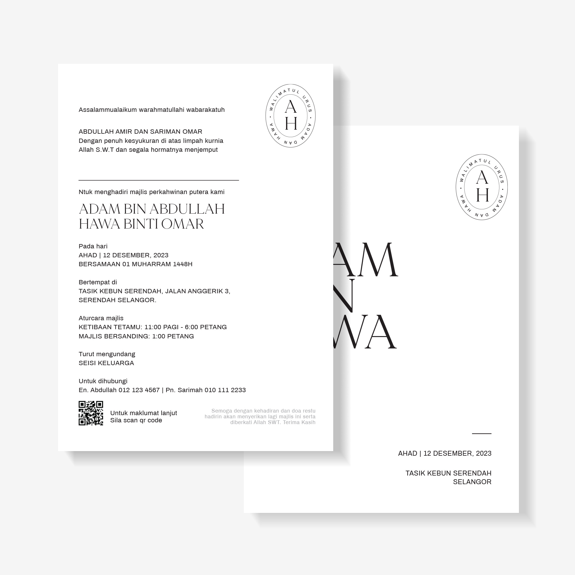 Clean, minimal wedding card with bold black typography