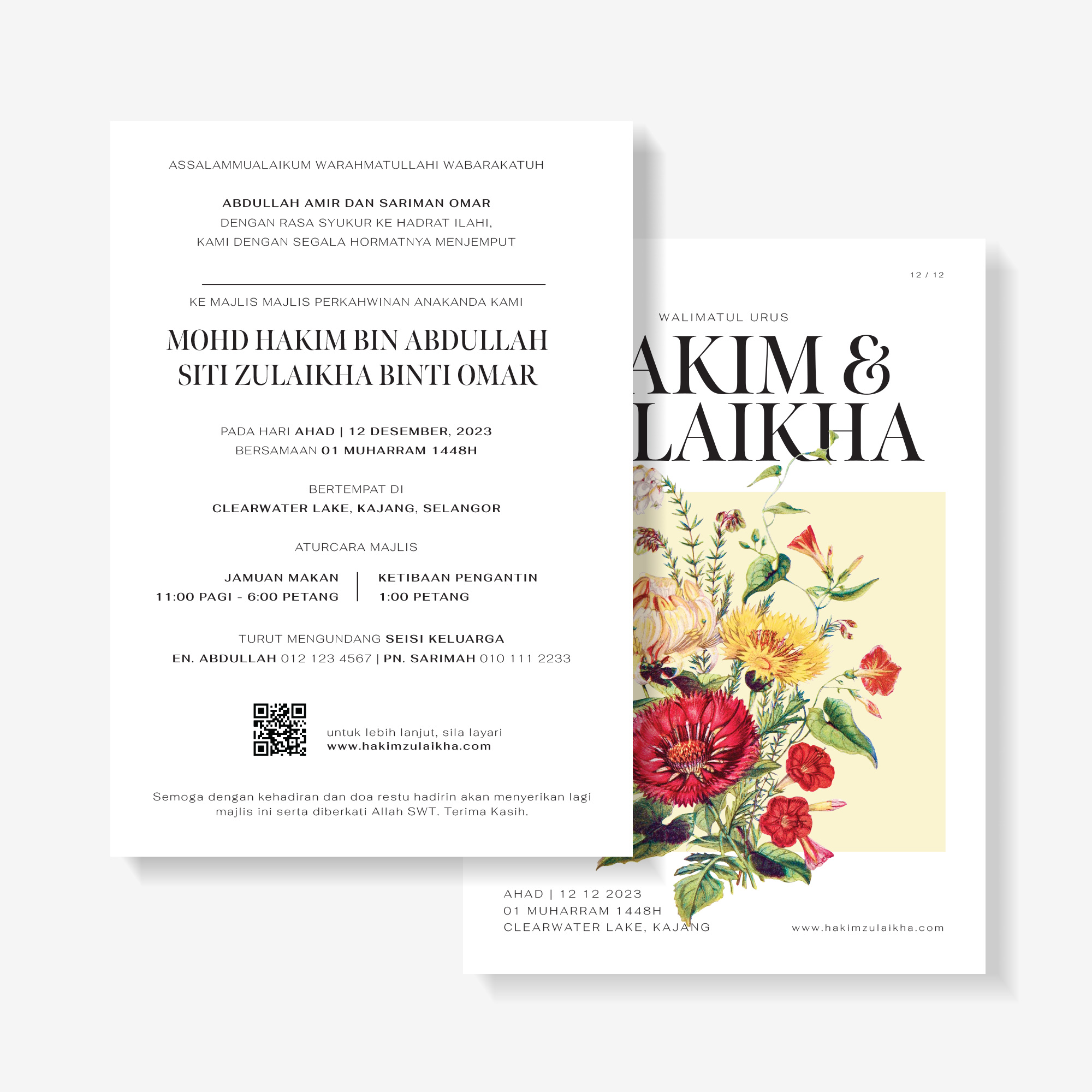 Floral wedding invitation featuring red, yellow, and white flowers.