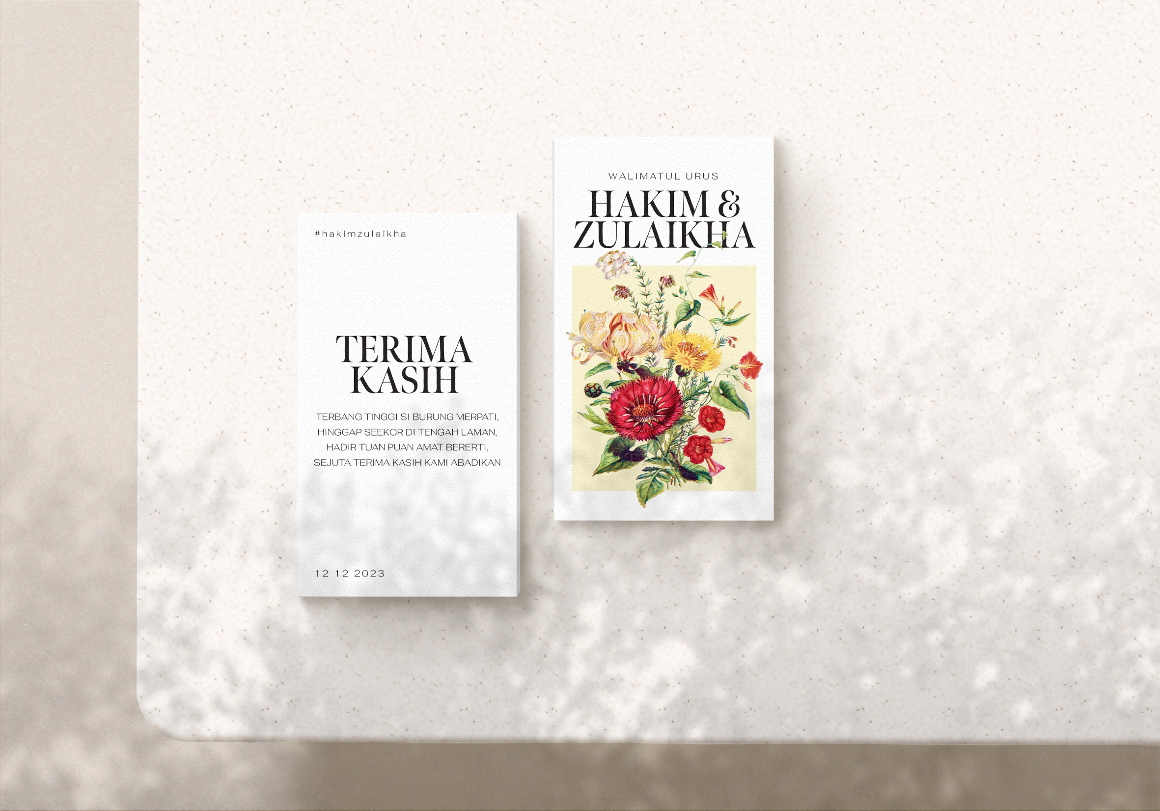Floral wedding invitation featuring red, yellow, and white flowers.