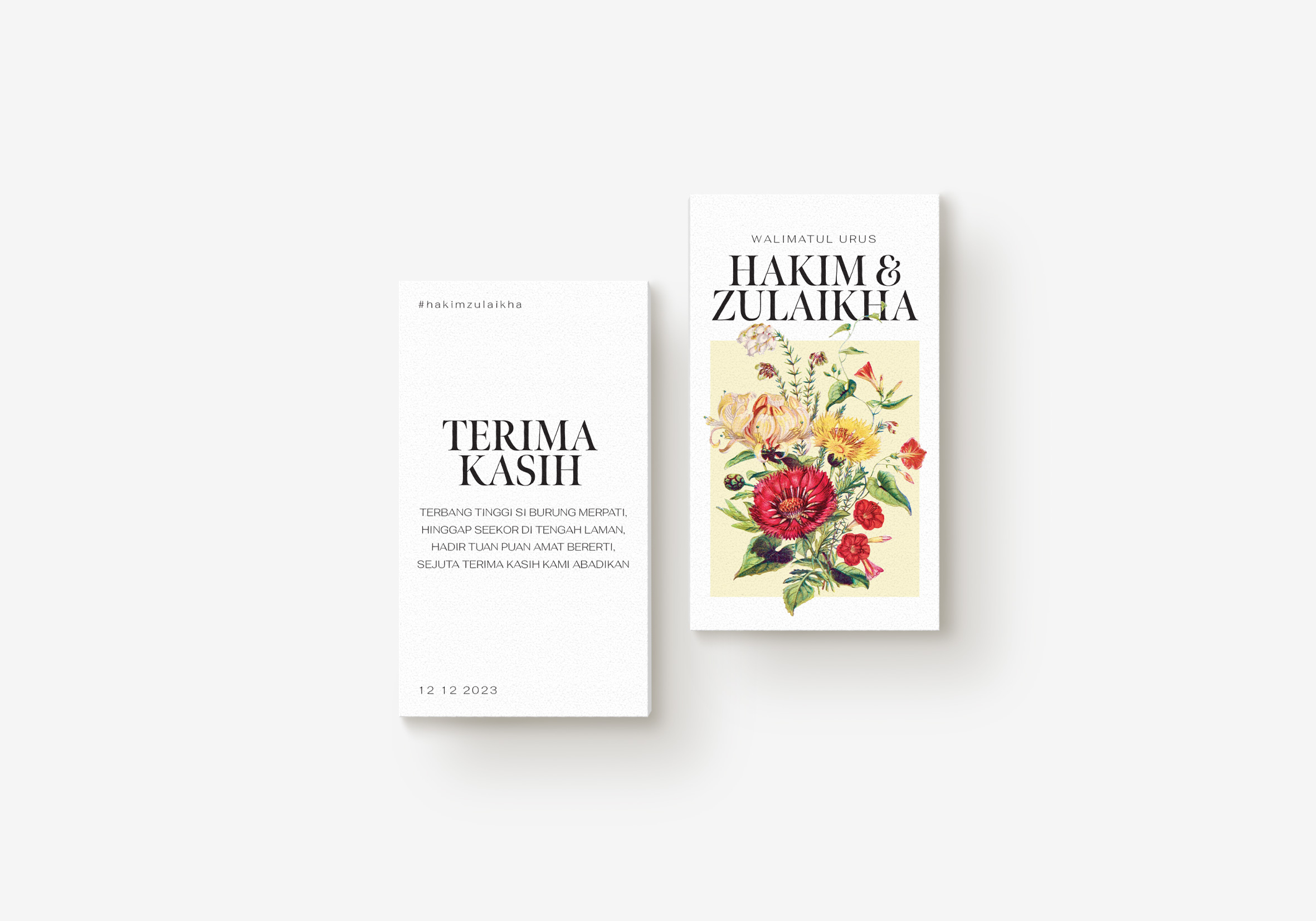 Floral wedding invitation featuring red, yellow, and white flowers.