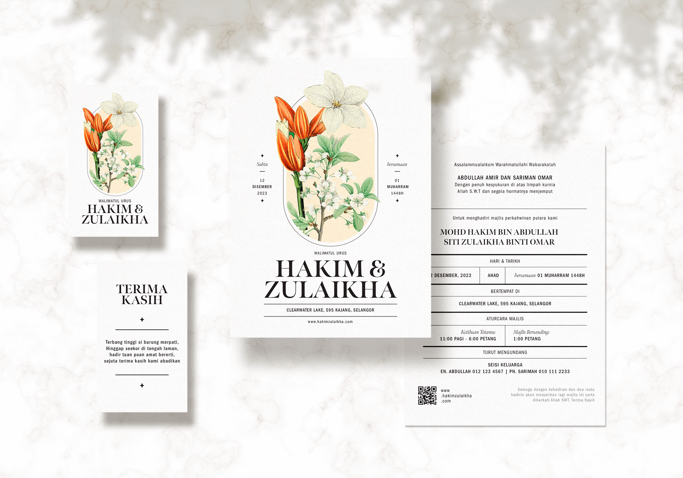 Wedding invitation with minimal floral artwork featuring orange and white flowers.