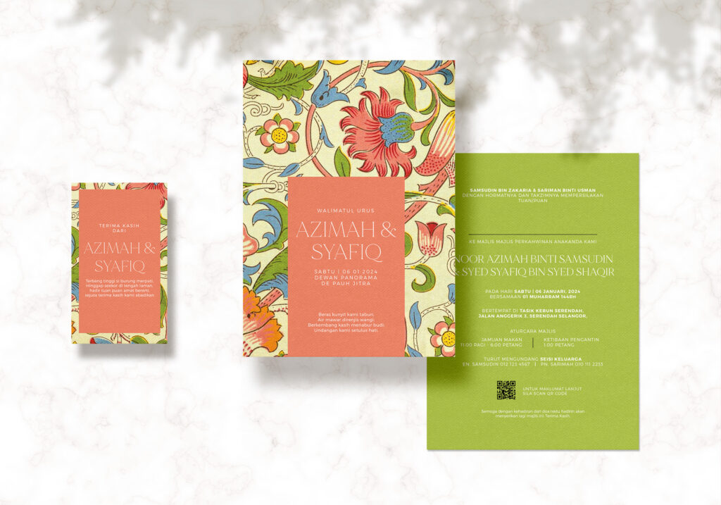 Vibrant wedding invitation with colorful floral patterns