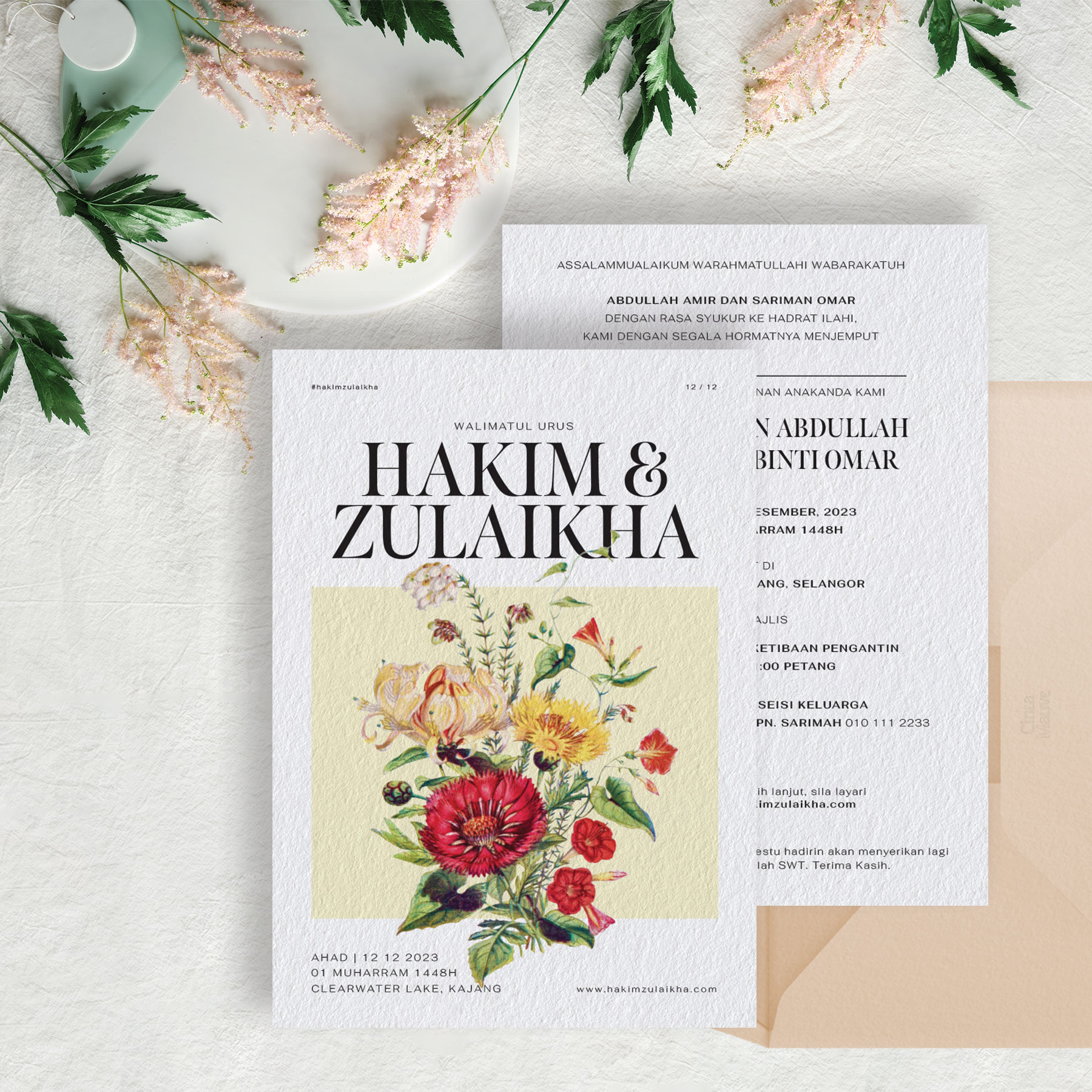 Floral wedding invitation featuring red, yellow, and white flowers.